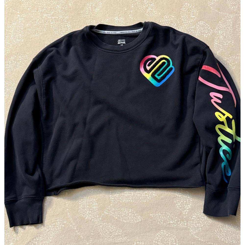 Justice Active Girls' Cropped‎ Sweatshirt Rainbow Heart Graphic Black Size 14